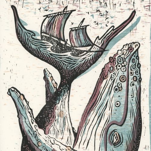 Woodcut illustration of a boat sailing on a humpback whale's tail