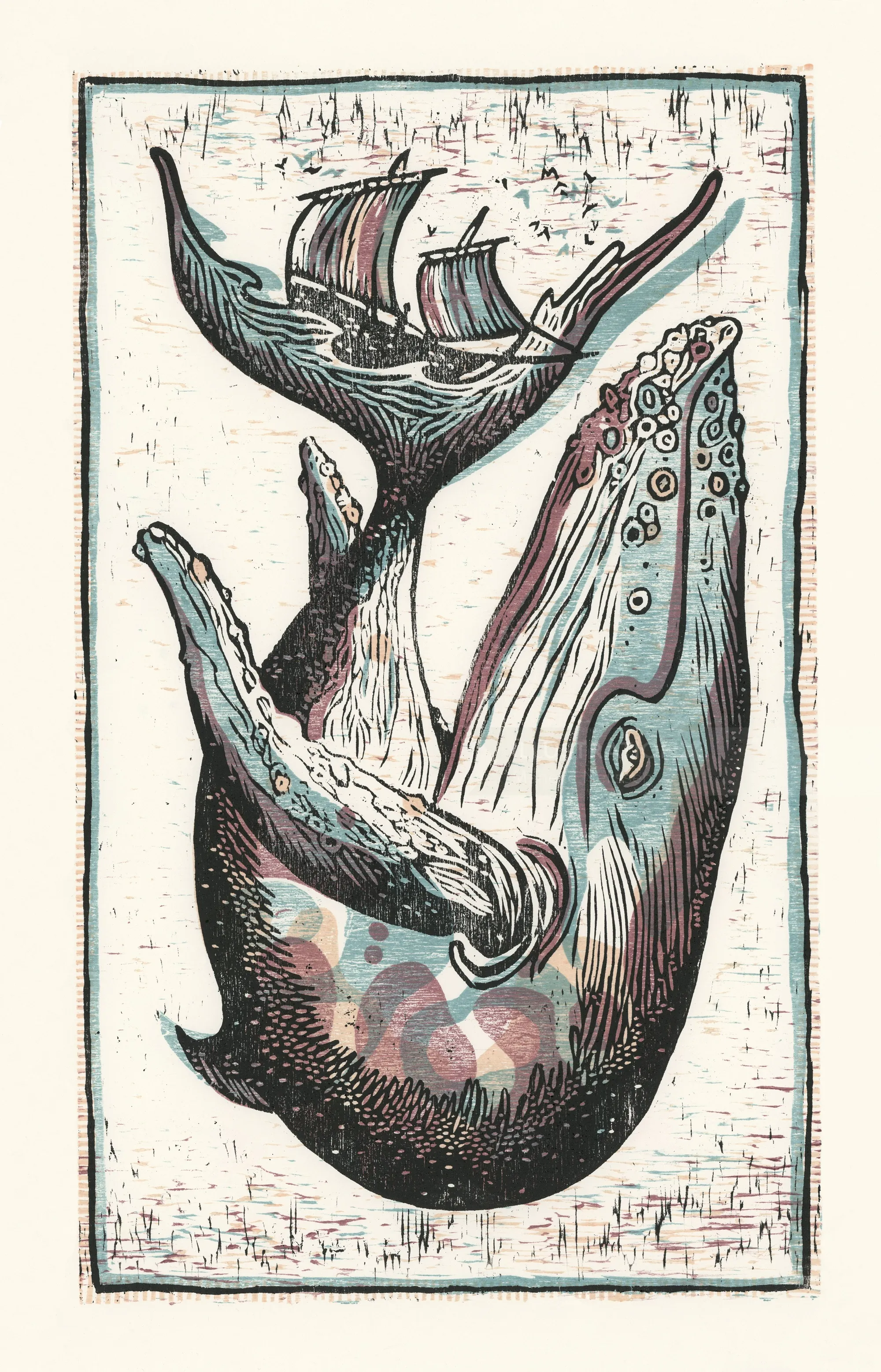 Woodcut illustration of a boat sailing on a humpback whale's tail