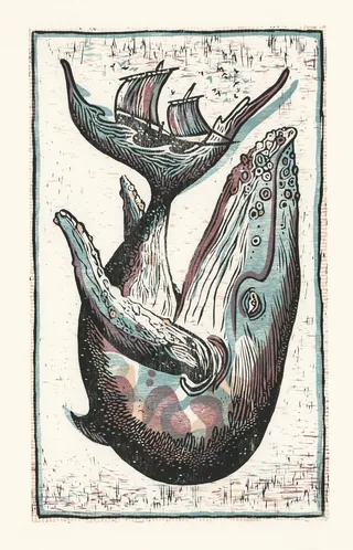 Woodcut illustration of a boat sailing on a humpback whale's tail
