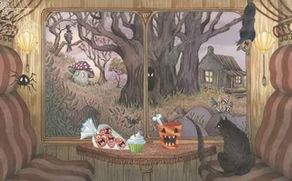 Cozy Halloween scene with black cat, spooky trees, and treats