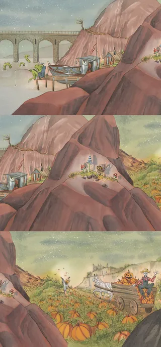 Animated Halloween ecard showing pumpkin patch and train crossing bridge