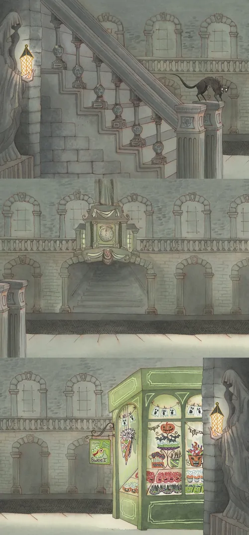 Haunted mansion interior with staircase, cat, and display cabinet by Marieke Nelissen