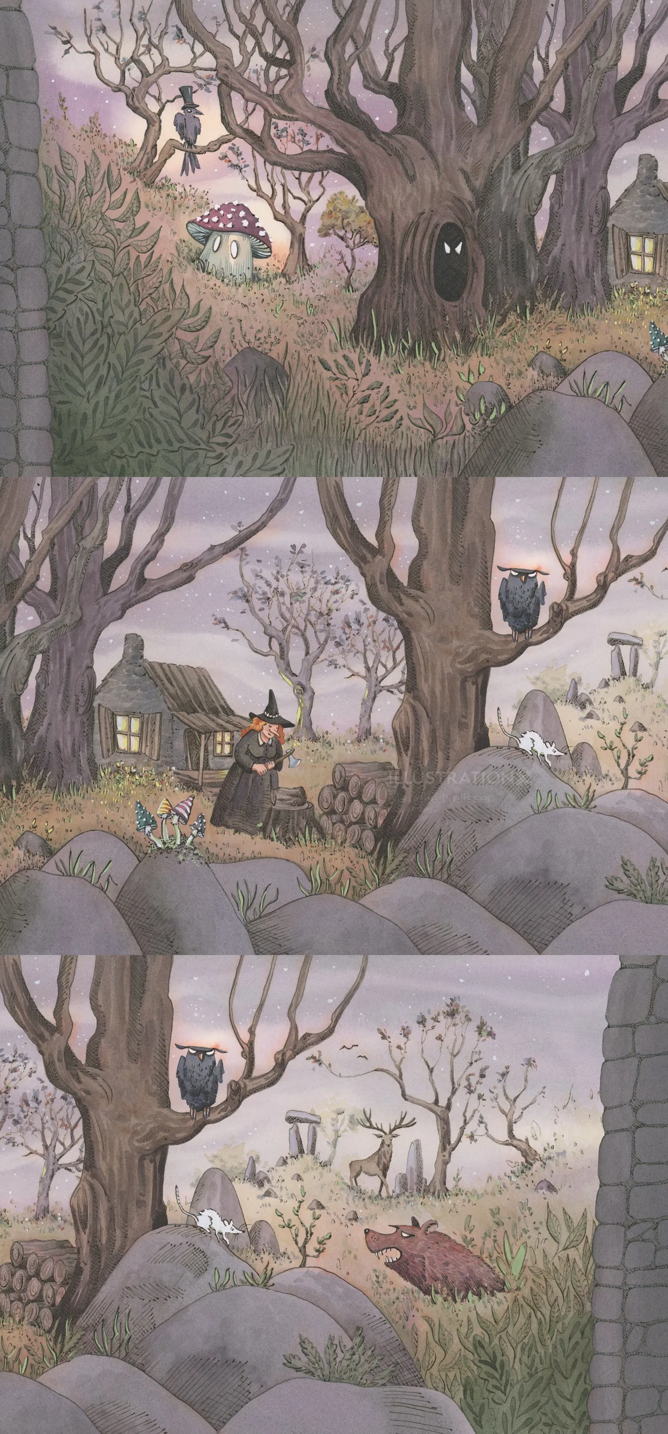 Spooky Halloween scene with owl, black cat, and haunted tree