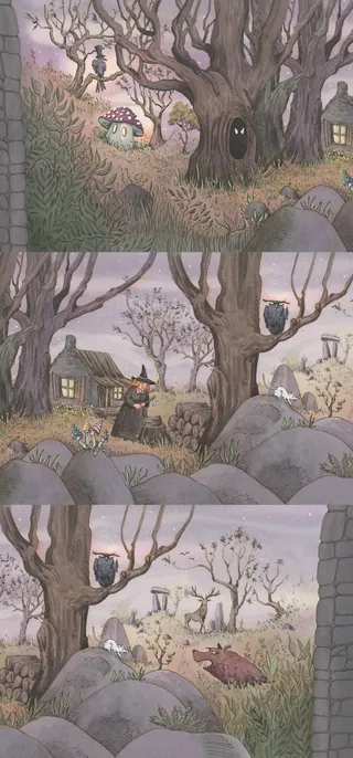 Spooky Halloween scene with owl, black cat, and haunted tree