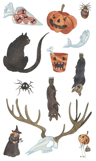 Halloween-themed illustrations including pumpkins, bats, spider, cat, and skull
