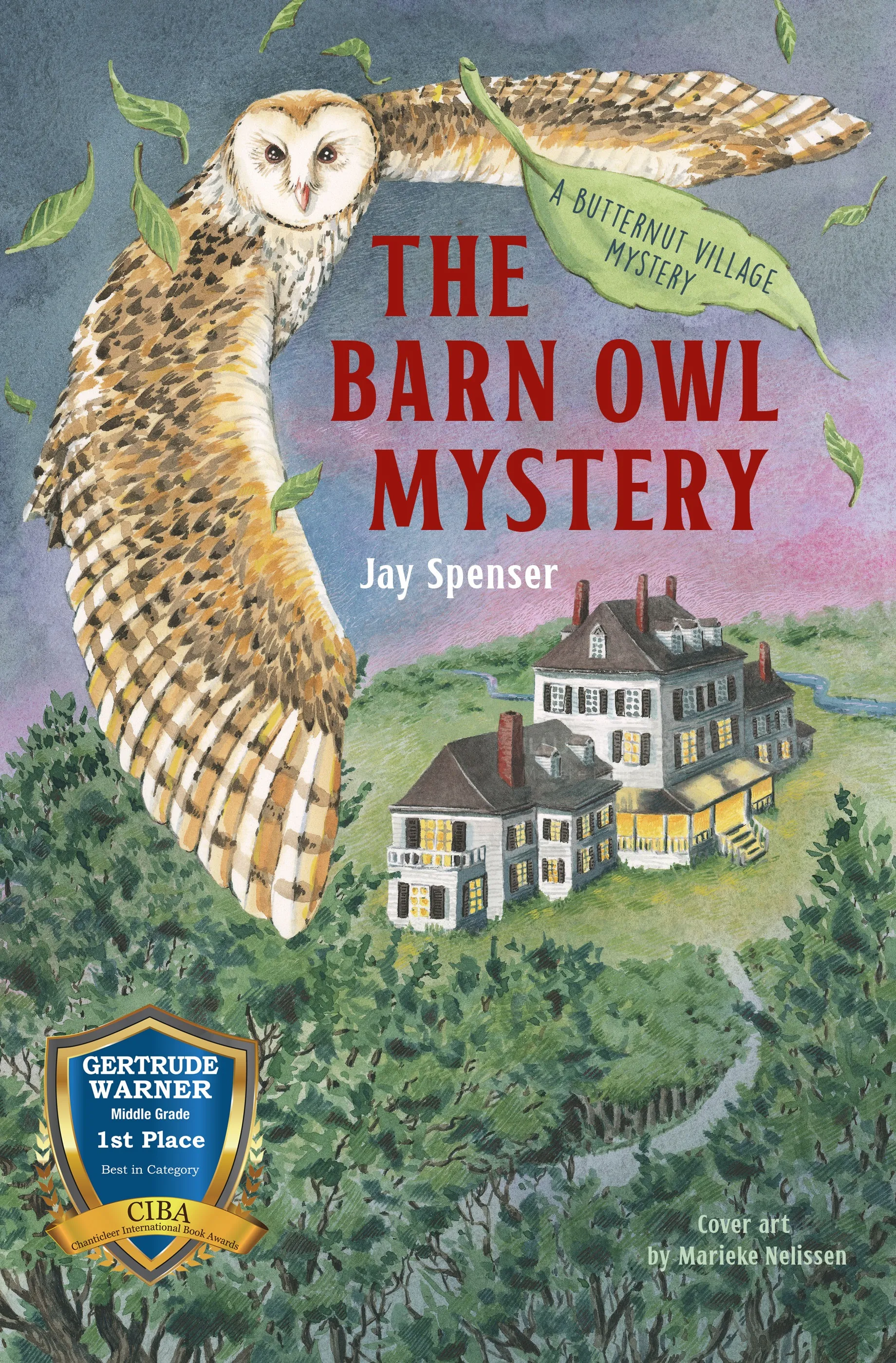 Barn owl flying over a village with houses below