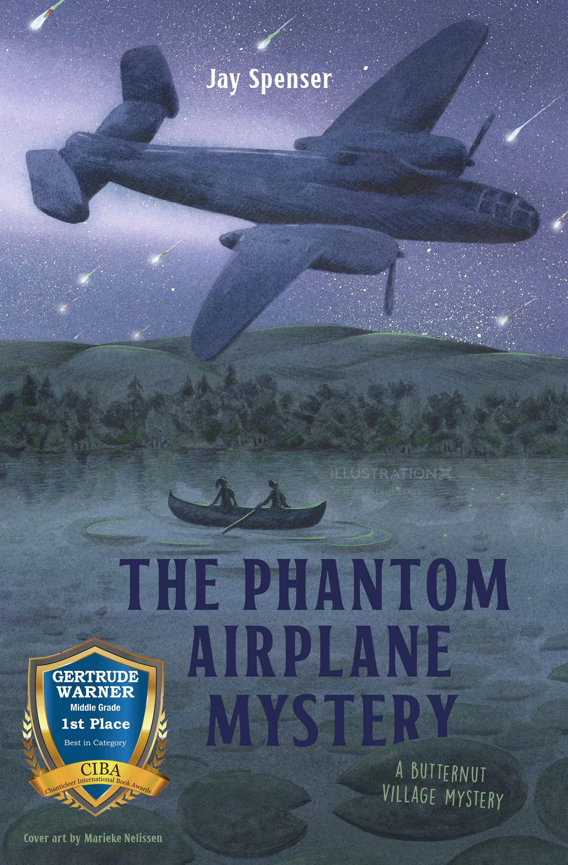 Dark airplane flying over forest at night with two people in canoe below