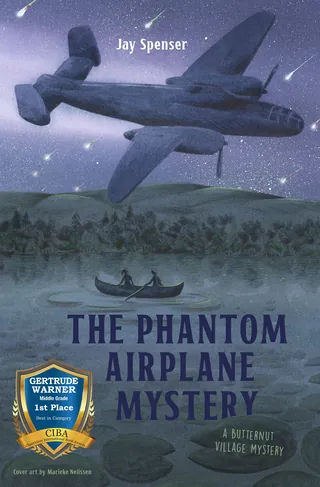 Dark airplane flying over forest at night with two people in canoe below