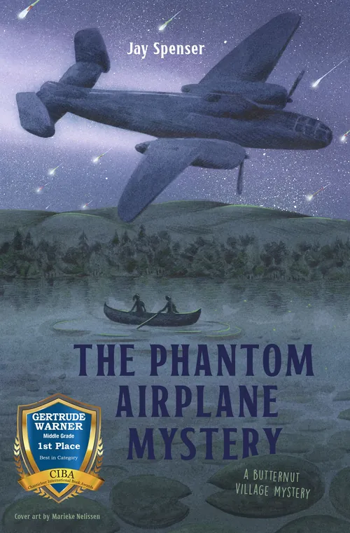Dark airplane flying over forest at night with two people in canoe below