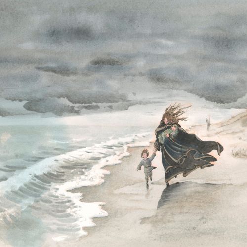 Illustration of a mother and children walking on a stormy beach
