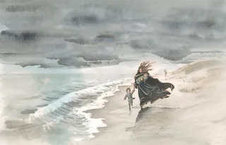 Illustration of a mother and children walking on a stormy beach