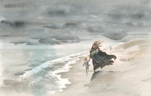 Illustration of a mother and children walking on a stormy beach