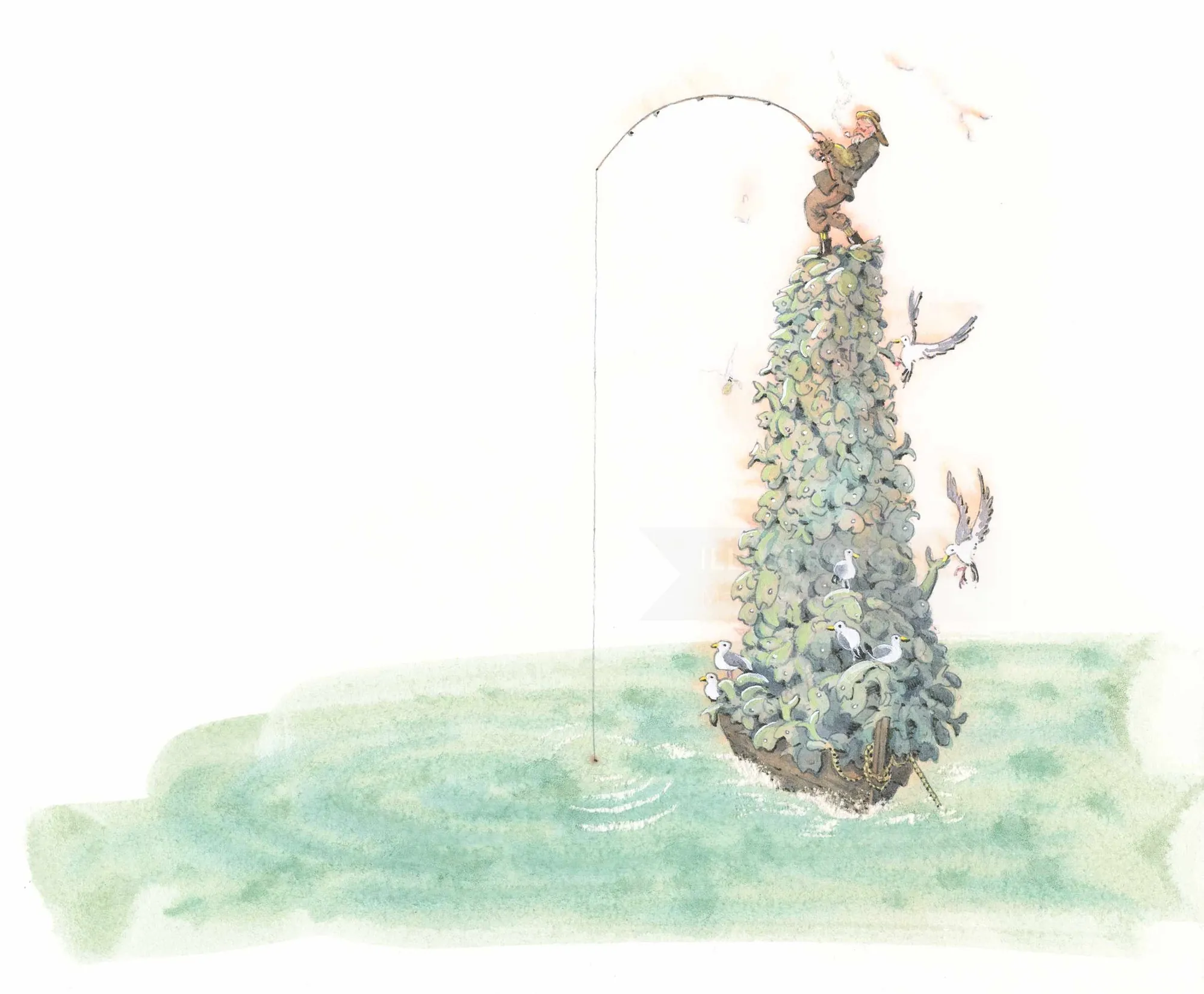 Illustration of a fisherman sitting on a tree-shaped island fishing