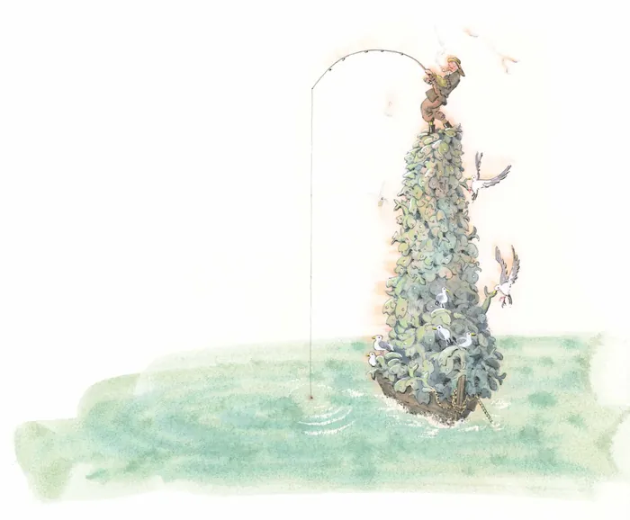 Illustration of a fisherman sitting on a tree-shaped island fishing
