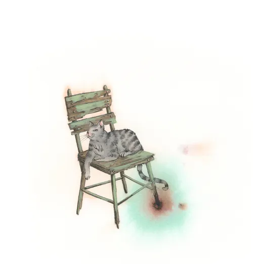 Gray tabby cat resting on a worn wooden chair with paint marks