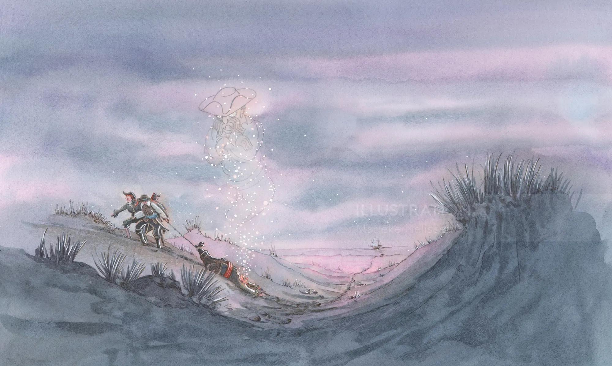 Ghostly sea captain figure above a shipwreck in misty sea