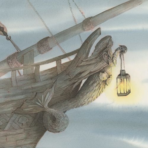 Wooden ship figurehead holding a glowing lantern at bow
