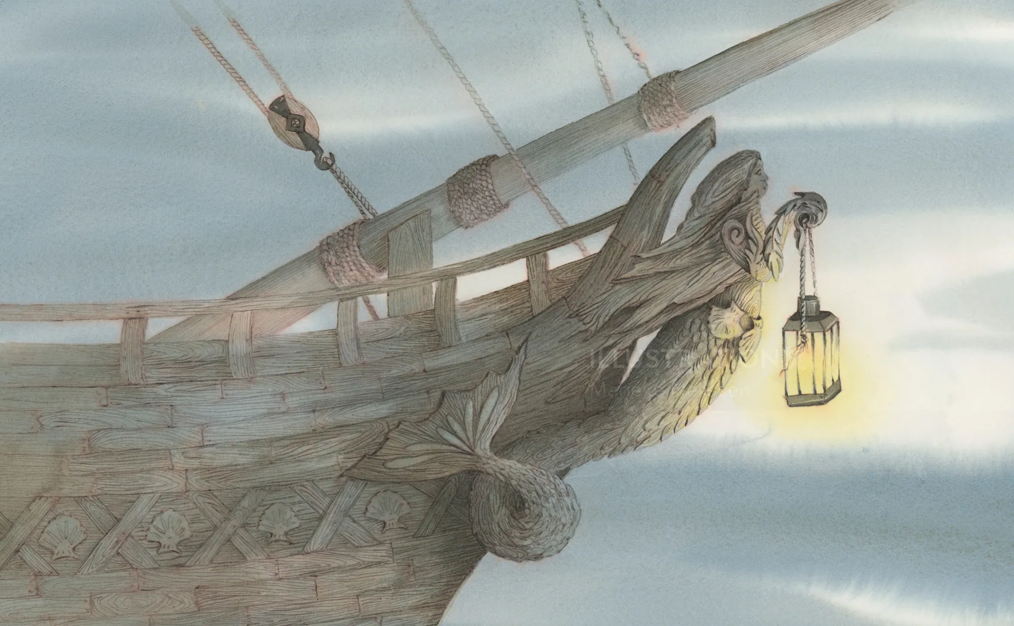 Wooden ship figurehead holding a glowing lantern at bow