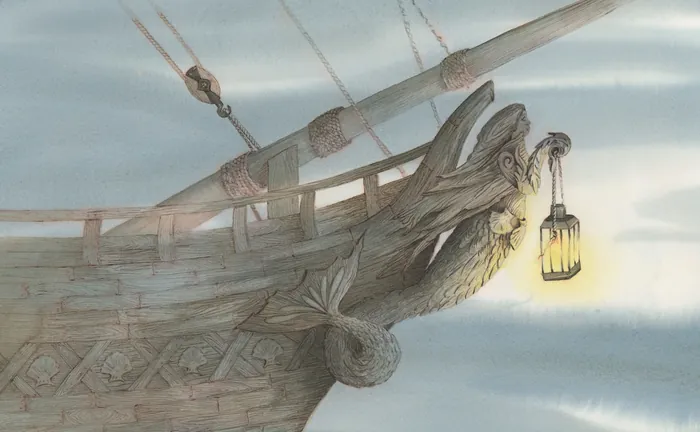 Wooden ship figurehead holding a glowing lantern at bow