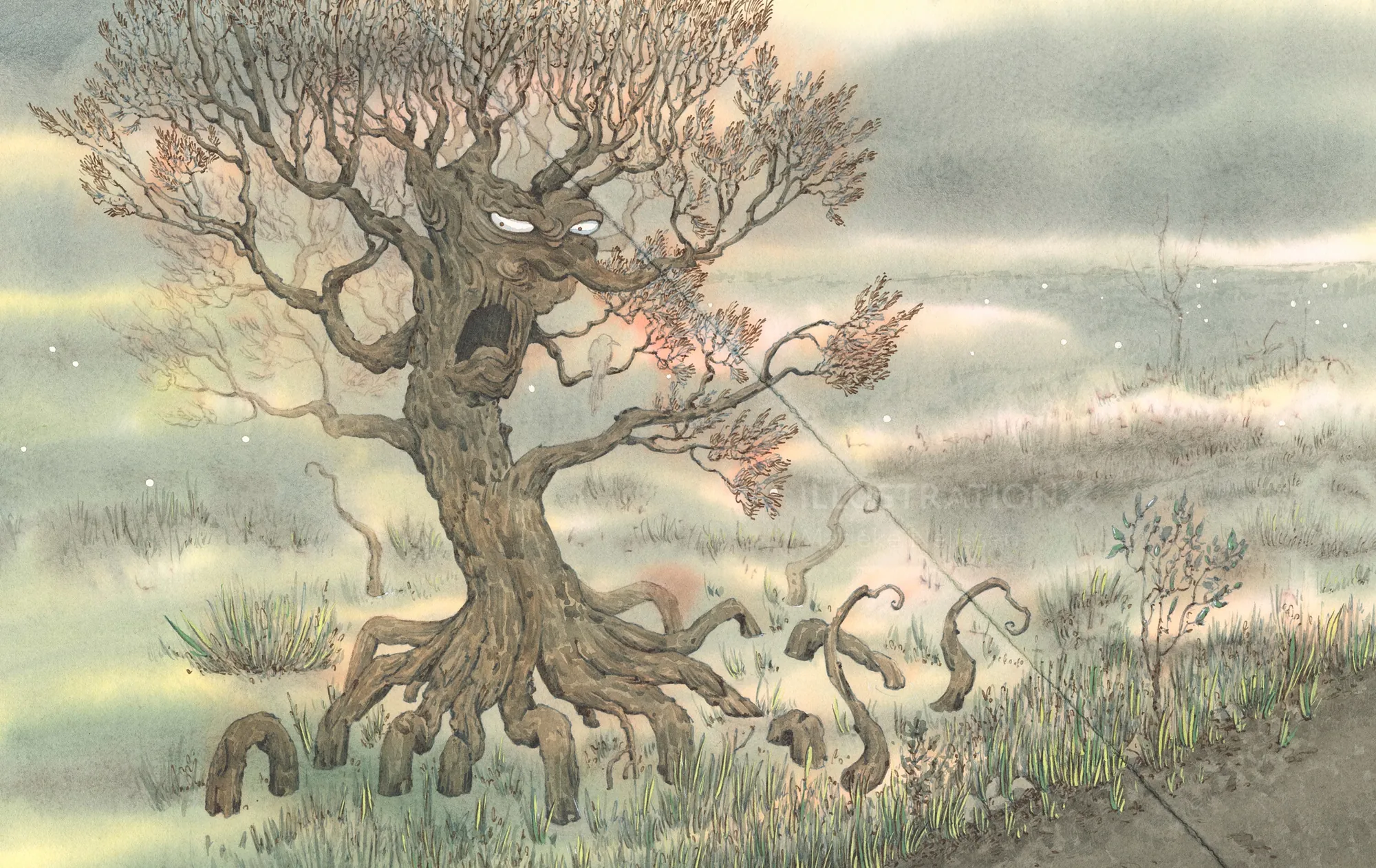 Illustration of a tree with a devil face and twisted roots in foggy landscape