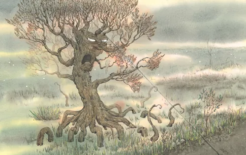 Illustration of a tree with a devil face and twisted roots in foggy landscape