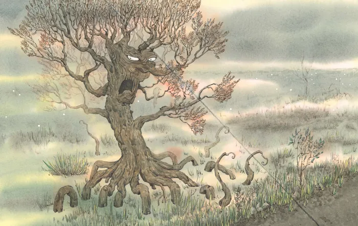 Illustration of a tree with a devil face and twisted roots in foggy landscape
