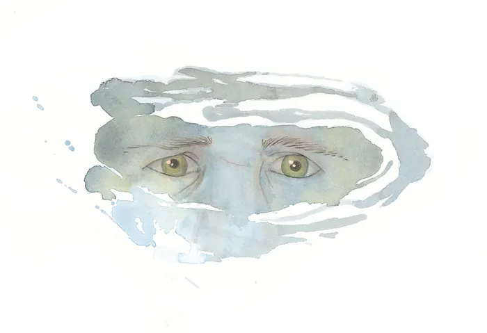 Watercolor reflection of a face in rippling water