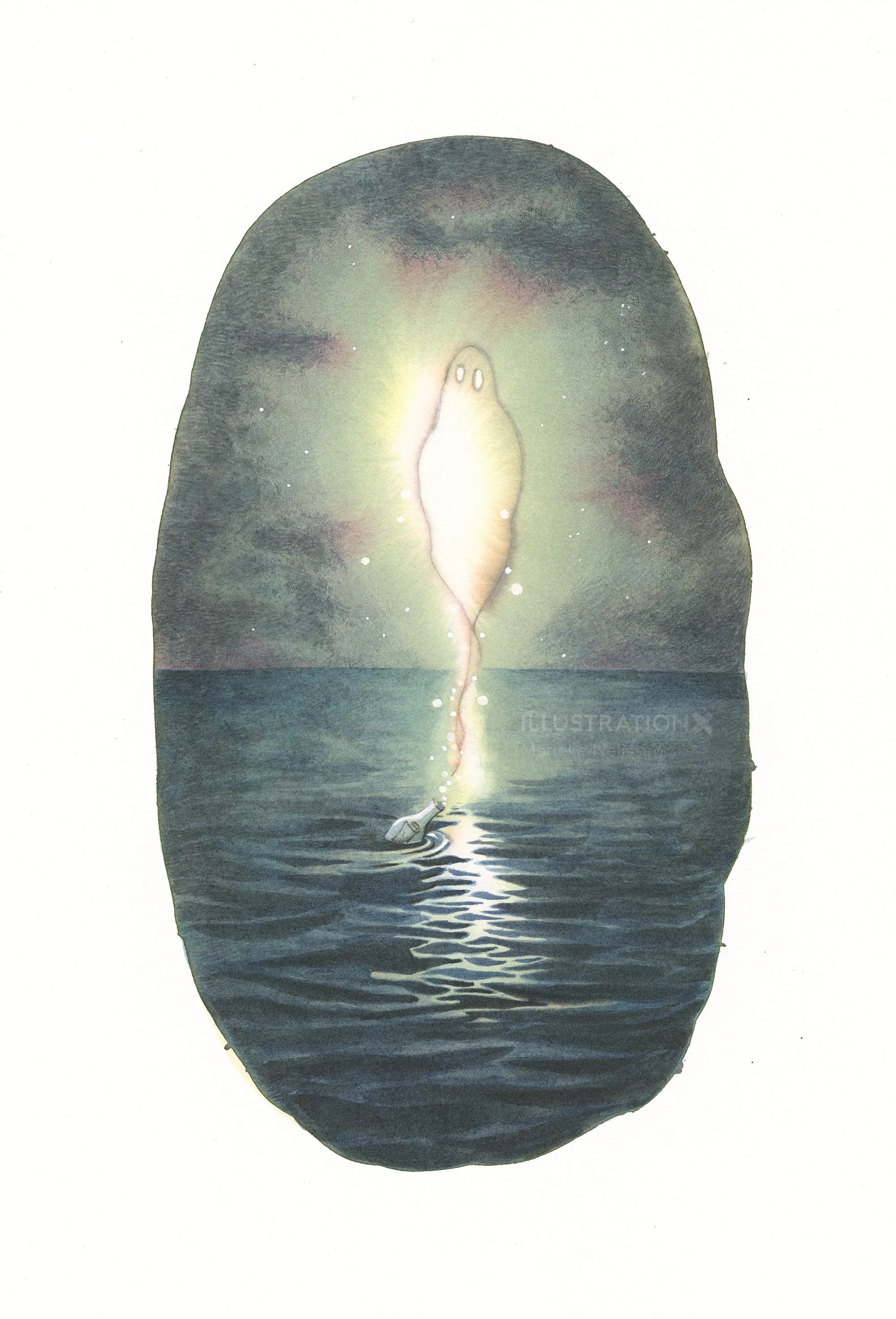 Glowing ghost emerging from a bottle floating on dark water