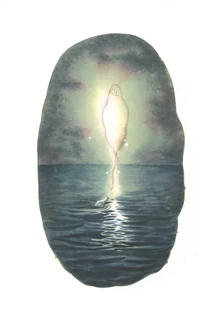 Glowing ghost emerging from a bottle floating on dark water