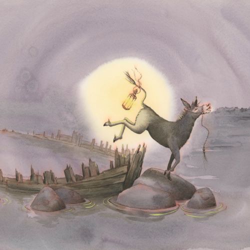 Donkey holding lantern jumping from rocks near an old boat at night