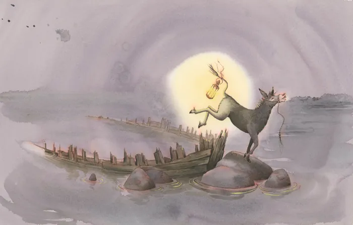 Donkey holding lantern jumping from rocks near an old boat at night