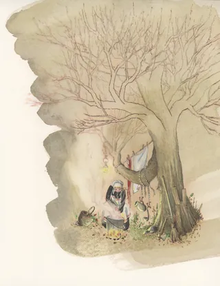 Old woman cooking in a pot under a large tree in a forest