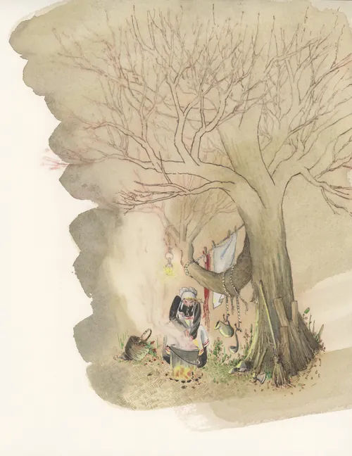 Old woman cooking in a pot under a large tree in a forest
