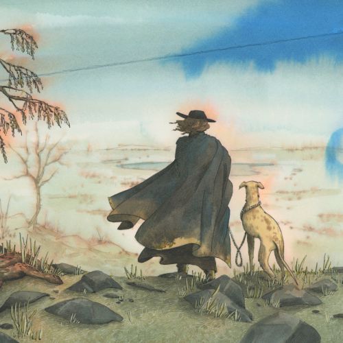 Figure in cloak and dog standing on rocky ground by a dead tree
