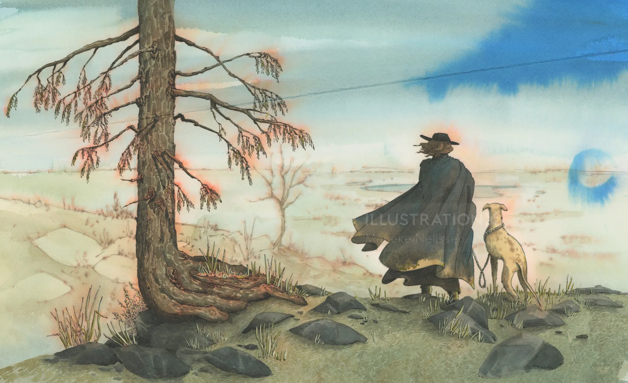 Figure in cloak and dog standing on rocky ground by a dead tree