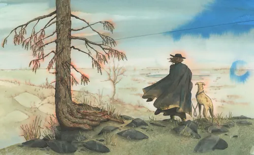 Figure in cloak and dog standing on rocky ground by a dead tree