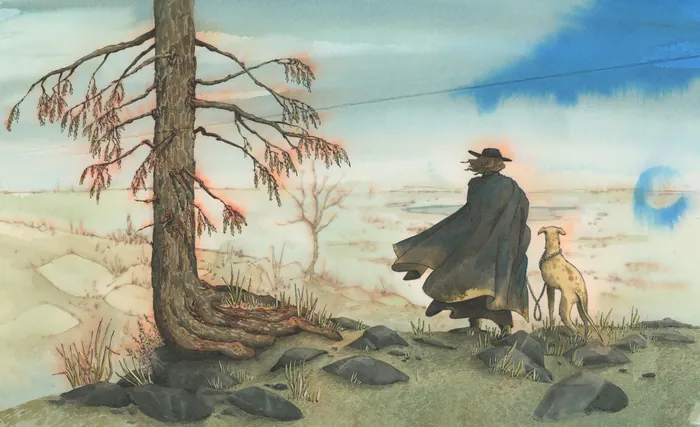 Figure in cloak and dog standing on rocky ground by a dead tree