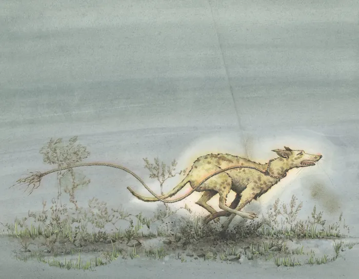 Illustration of a mythical dog running through a grassy landscape