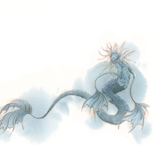 Illustration of a blue mythical sea creature with a long tail
