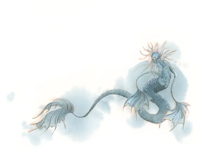 Illustration of a blue mythical sea creature with a long tail