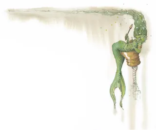 Illustration of a green mermaid leaning over water in vintage style