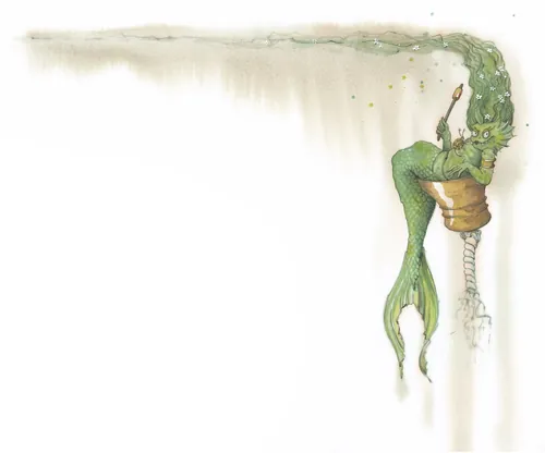 Illustration of a green mermaid leaning over water in vintage style