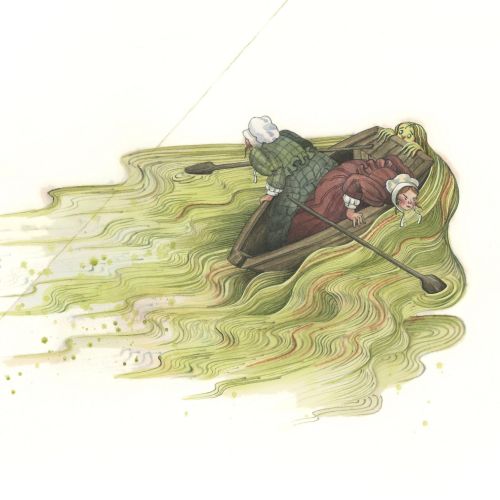 Illustration of a mermaid and two young women rowing a boat