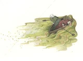 Illustration of a mermaid and two young women rowing a boat