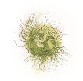 Illustration of a mermaid with long flowing green hair underwater