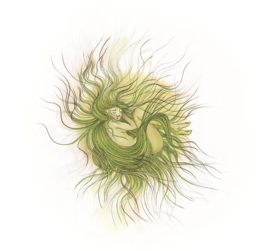 Illustration of a mermaid with long flowing green hair underwater