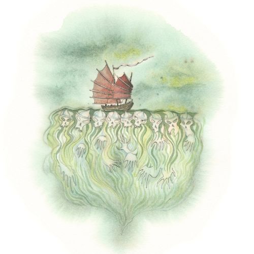 Illustration of a ship sailing above ghostly water spirits underwater
