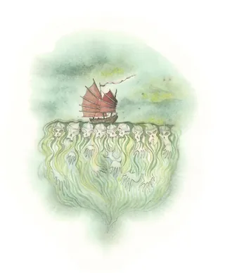 Illustration of a ship sailing above ghostly water spirits underwater