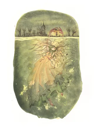 Illustration of a water ghost beneath surface with village background