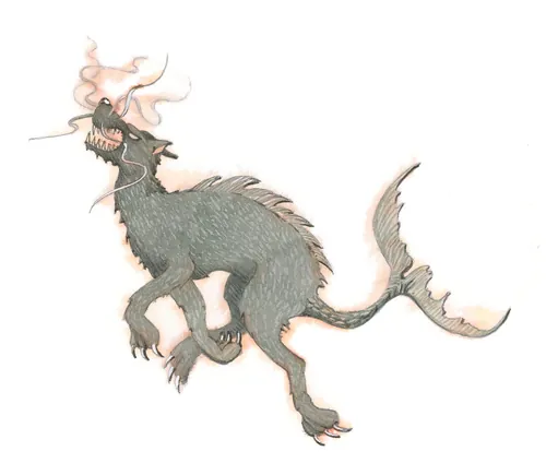 Illustration of a mythical European beast breathing smoke